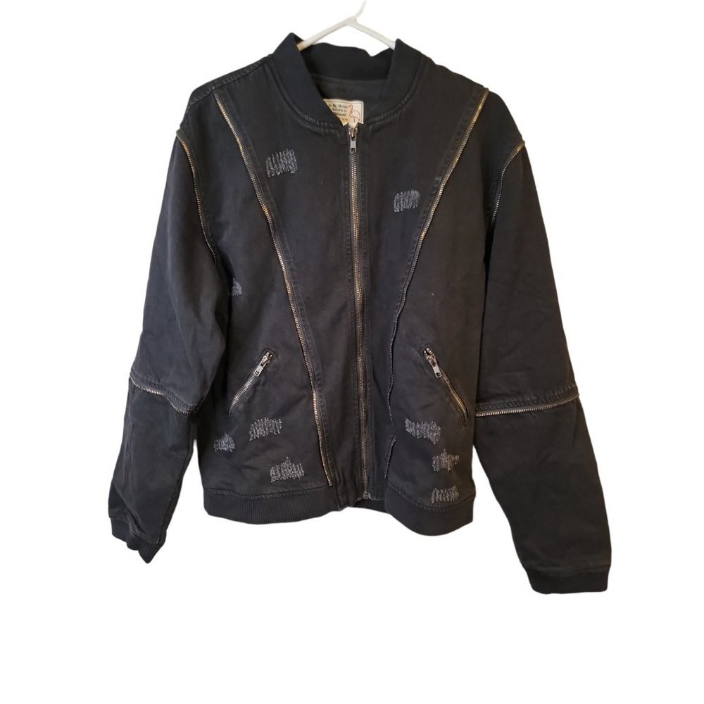 Sandrine Rose FREE PEOPLE Zip Bomber Black Denim Jacket Women’s Size Small New
